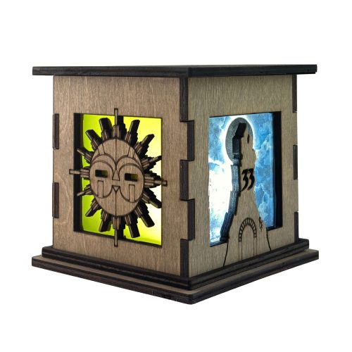 Clair Obscur: Expedition 33 Decorative Glow Box illuminated, featuring the Expedition 33 Monolith and Lumière emblem with layered wooden artwork and soft LED lighting.